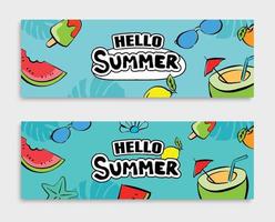 hola diseño de banners de verano estilo dibujado a mano. verano con garabatos y elementos de objetos para el fondo de la fiesta en la playa. vector