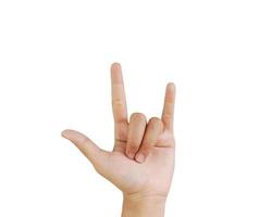 Close up Asian female hand show shaping a heart, love sign language, arm and hand isolated on a white background copy space symbol I love you photo