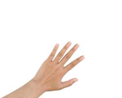 Close up Asian female hand show Number Five finger, palm hand in back, sign arm and hand isolated on a white background copy space symbol language photo