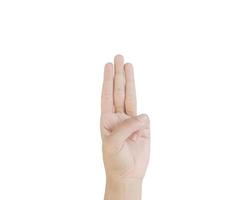 Close up Asian female15-20 age hand show Number three finger, sign arm and hand isolated on a white background copy space symbol language photo