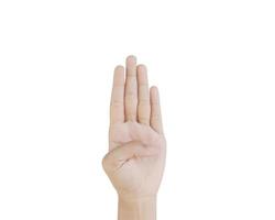 primer plano asiático mujer15-20 edad mano mostrar número cuatro dedo, firmar brazo y mano aislado en un fondo blanco copia espacio símbolo lenguaje foto