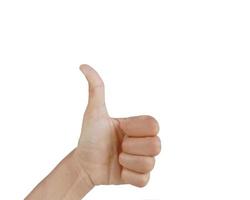 Close up Asian female left hand show gives like thumbs up, sign arm and hand isolated on a white background copy space photo