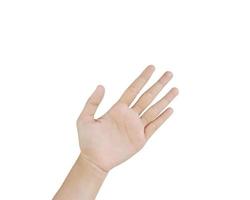 Close up Asian female hand show Number Five finger, palm hand in front, sign arm and hand isolated on a white background copy space symbol photo