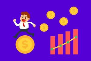 illustration of business man running on dollar coin with business chart rising. vector