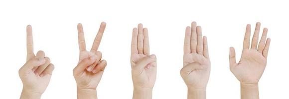 Close up Asian female15-20 age hand show Number one two three four Five finger, sign arm and hand isolated on a white background copy space symbol language photo