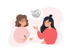 Mental health concept - woman talking to psychologist about her problems. Vector illustration in flat style