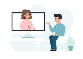 psicoterapia en línea - hombre hablando con un psicólogo en la pantalla. concepto de salud mental, ilustración vectorial en estilo plano vector