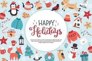 Happy holidays greeting card or banner with lettering and cute seasonal elements in circular shape. Hand drawn vector illustration