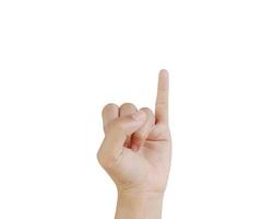 Close up Asian female 15-20 age hand show little finger, gesture of making a promise, pinkie finger sign arm and hand isolated on a white background copy space symbol language photo