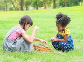 un grupo de niños pequeños de muchas nacionalidades juegan y aprenden fuera de la escuela foto