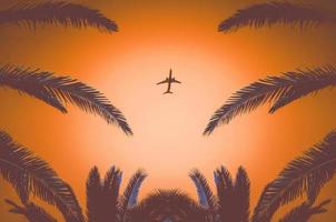 silueta de un avión despegando y palmeras tropicales sobre un fondo naranja. viajes aéreos y recreación en los trópicos. foto