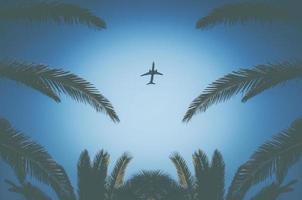 Silhouette of a plane taking off and tropical palm trees on a blue background. Air travel and recreation in the tropics.