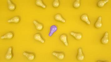 purple Light bulb Among yellow Light bulbs on yellow background. Leadership, innovation, great idea and individuality concepts. photo