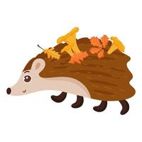 Hedgehog with mushrooms and autumn leaves. Forest animal. Vector cartoon style. Isolated on a white background