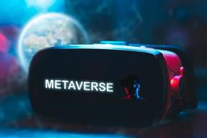 Metaverse technology virtual reality glasses concept, virtual reality device, simulation, 3D, AR, VR, innovation and technology of the future on social media. Elements of this image provided by NASA.