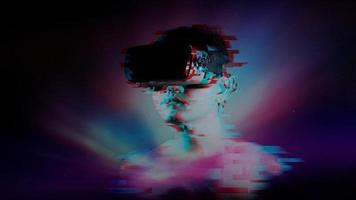Young man wearing VR goggles and glitch effect. Metaverse technology virtual reality concept. Virtual Reality Device, Simulation, 3D, AR, VR, Innovation and Technology of the Future on Social Media. photo