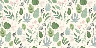 Abstract gentle seamless pattern with leaves, flowers and grass. Modern exotic design vector