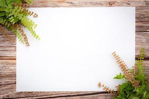 green basil flowers and blank paper sheet on a wooden background.spring border green blossom, top view, blank paper for text, flat lay. photo