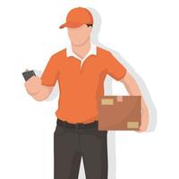 Deliveryman in modern style vector illustration, business person simple flat shadow isolated on white background.