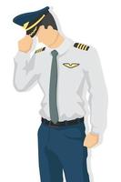 Airplane pilot in modern style vector illustration, man simple flat shadow isolated on white background, captain.