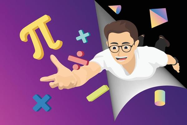 Flying boy with mathematics sign in simple style vector, world of calculation abstract concept background.