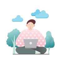 Sitting young man with laptop for work from home in simple modern flat style vector, people and technology concept abstract for your design work, presentation, website. vector