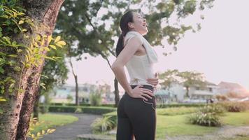 Asian fit young female stretching her waist  lower back, warm up before exercise, body flexibility, health care, standing under the trees inside recreational exercise park, fresh morning work out video