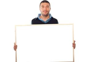 Business man holding blank banner photo