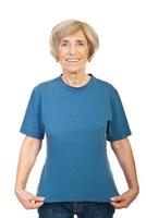 Mature woman showing her t-shirt photo