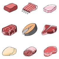 conjunto de carne en un vector de estilo de dibujo