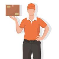 Deliveryman in modern style vector illustration, business person simple flat shadow isolated on white background.