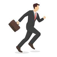 Running businessman with briefcase in modern style vector illustration, business person simple flat shadow isolated on white background.