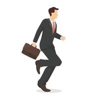 Running businessman with briefcase in modern style vector illustration, business person simple flat shadow isolated on white background.