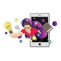 Flying boy with studying icon in simple flat style vector, online learning with computer or phone abstract concept background.