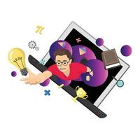 Flying boy with studying icon in simple flat style vector, online learning with computer or phone abstract concept background. vector