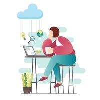 Sitting young woman with laptop for chatting in simple modern flat style vector, people and technology concept abstract for your design work, presentation, website. vector