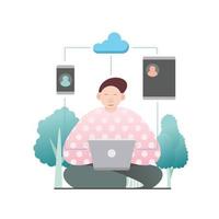 Sitting young man with laptop for work from home in simple modern flat style vector, people and technology concept abstract for your design work, presentation, website. vector