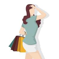 mujer feliz con bolsa de compras en estilo plano moderno, gente sencilla y concepto de moda sobre fondo blanco. vector