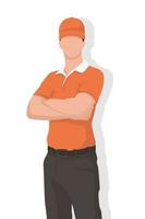 Deliveryman in modern style vector illustration, business person simple flat shadow isolated on white background.