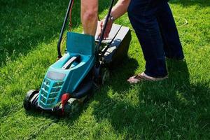 man empties the mower on a sunny day photo