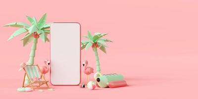 concepto de vacaciones de verano, maqueta de smartphone con flamingo, silla de playa y accesorios de playa, ilustración 3d