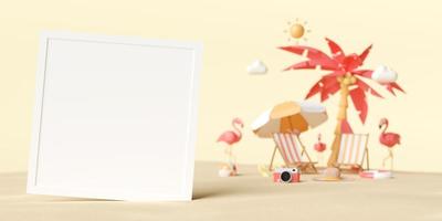 Ilustración 3d de maqueta de foto en blanco en la playa con fondo de verano