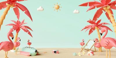 concepto de vacaciones de verano, flamingo, sillas de playa y accesorios bajo palmera con espacio de copia para publicidad de texto, ilustración 3d foto