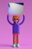 3d rendering of a woman cartoon character holding a blank placard on the head. photo