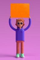 3d rendering of a woman cartoon character holding a blank placard on the head. photo