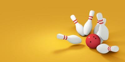 Red bowling ball striking against pins. 3d render photo