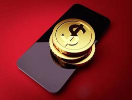 Golden coins on the smart phone 3d render photo