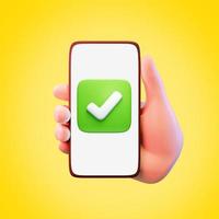 Hand holding mobile smart phone with checkmark icon. 3d render photo