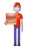 Pizza delivery courier with mask holding the box with pizza, 3d render photo