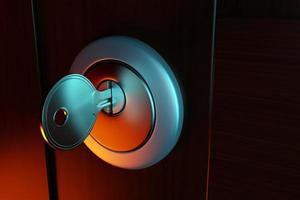 Key in keyhole, 3d render photo